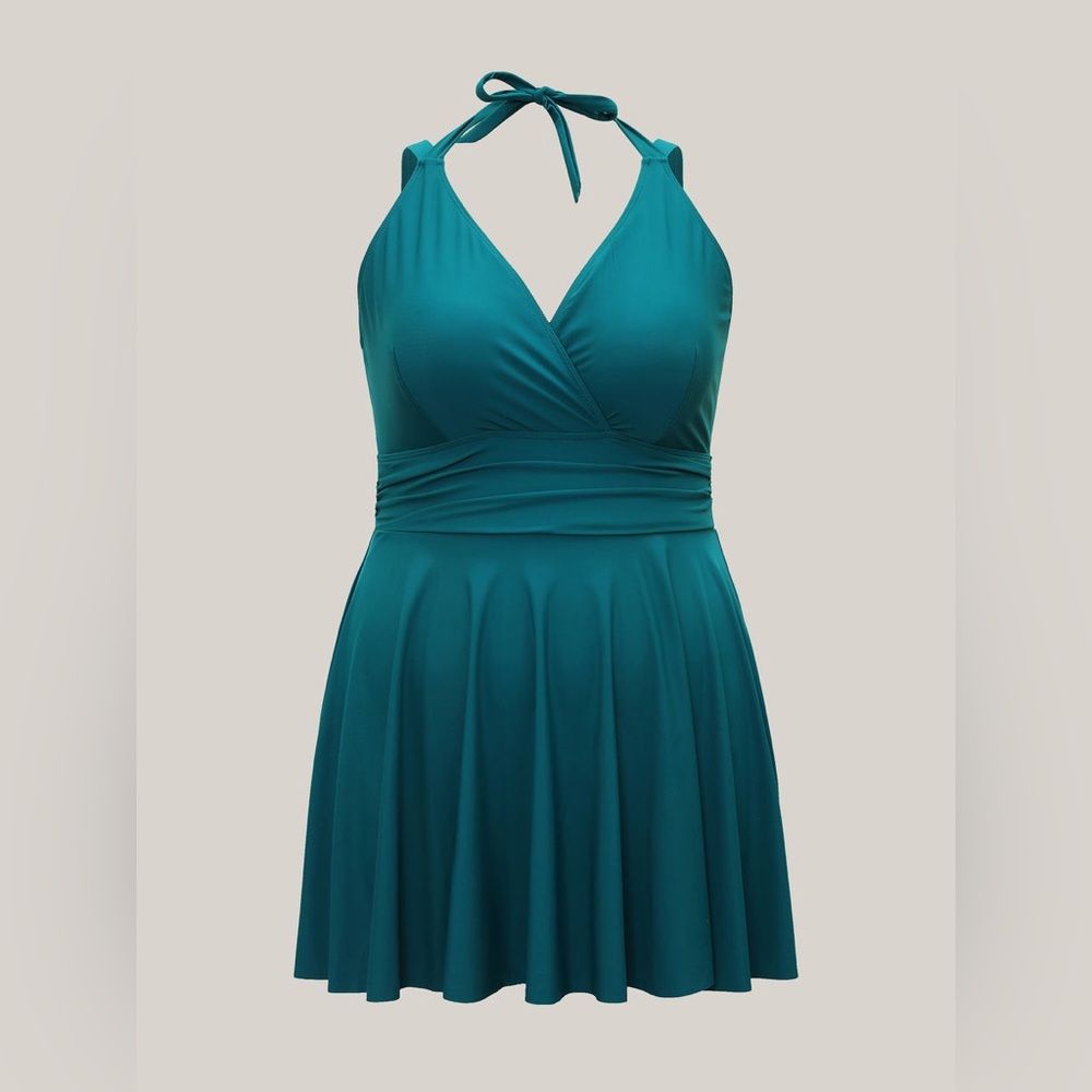 Bloomchic Cerulean Blue Empire Waist Halter Neck Swim Dress 14/16